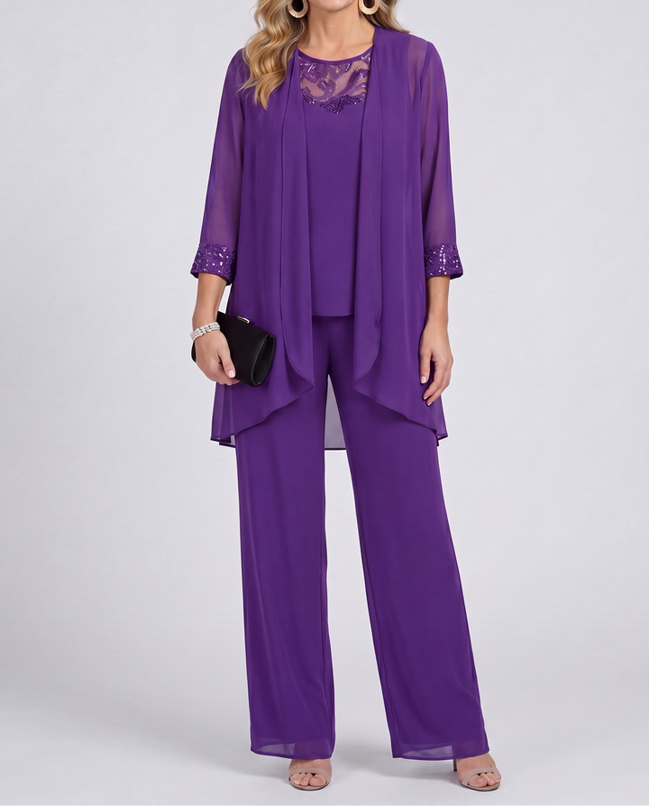 Aeliana - Elegantes dreiteiliges Set mit Jacke und Wide-Leg-Hose