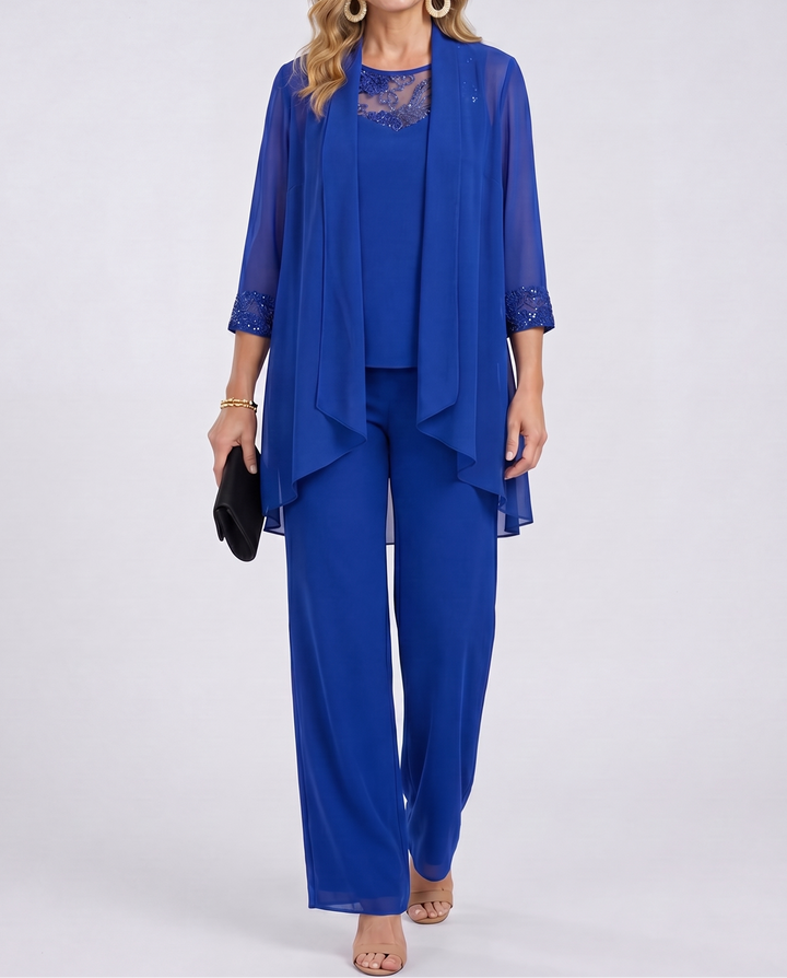 Aeliana - Elegantes dreiteiliges Set mit Jacke und Wide-Leg-Hose