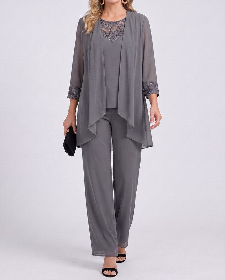 Aeliana - Elegantes dreiteiliges Set mit Jacke und Wide-Leg-Hose