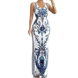 Marcella - Maxikleid mit Porzellan-Print und Seitenschlitz