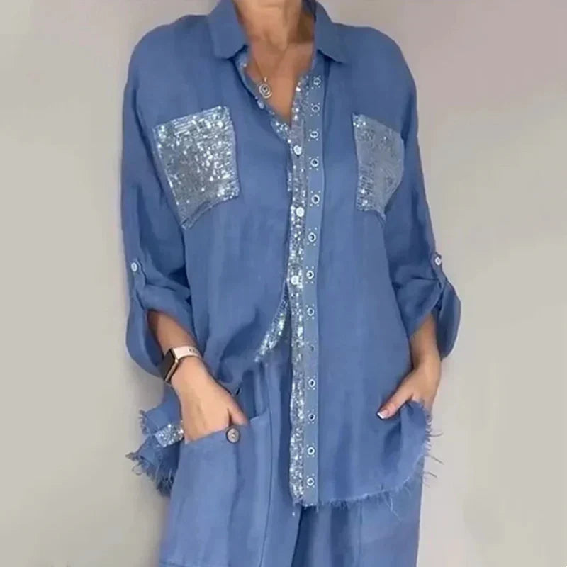 Oriavelle - Luxuriöser Pailletten-Zweiteiler mit Bluse und Hose